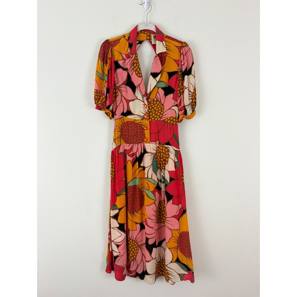 FARM Rio Sunflower Midi Dress Womens XS Floral Cutout Back Puff Sleeve Vacation